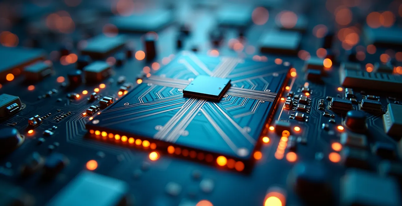 Circuit imprimé avec chemins lumineux représentant des flux de données