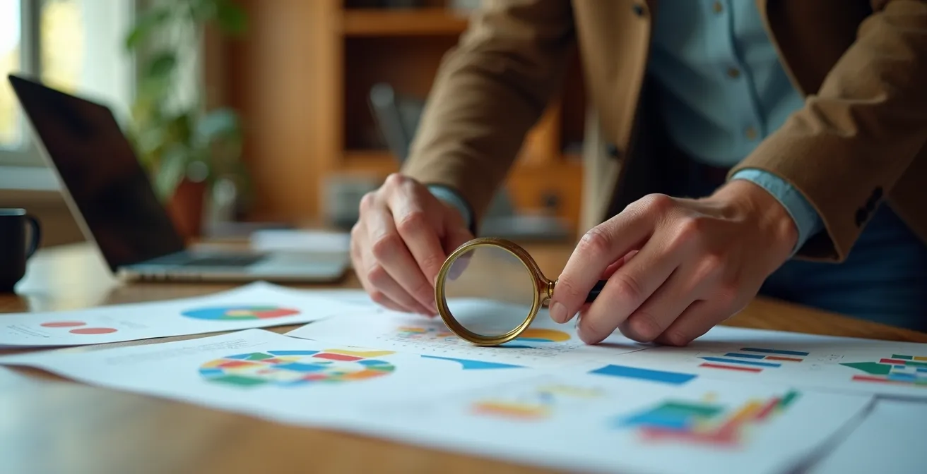 Mains examinant des documents sur une table en bois avec une loupe