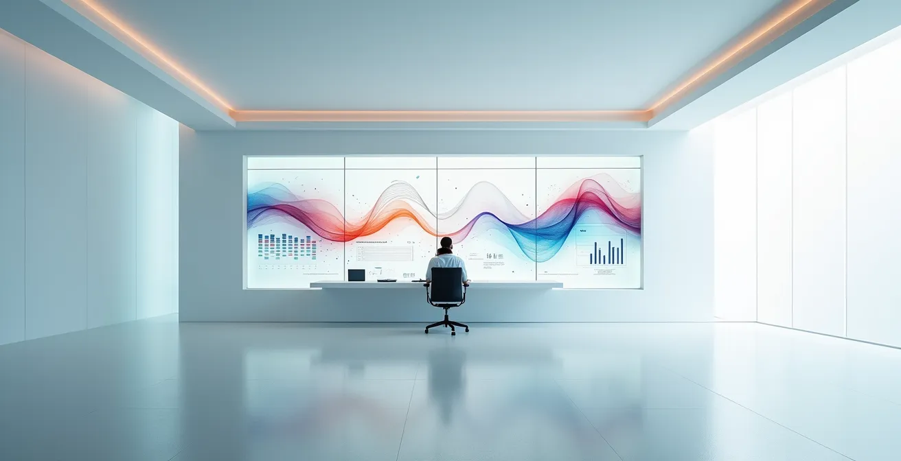 Salle de contrôle moderne épurée avec mur d'écrans abstraits