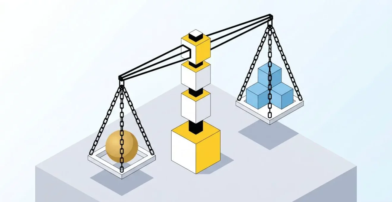 Illustration 3D isométrique d'une balance équilibrée avec une sphère dorée d'un côté et trois cubes bleus empilés de l'autre, symbolisant l'arbitrage entre qualité et économies