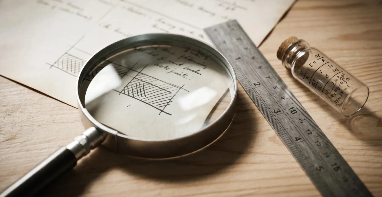 Nature morte en studio montrant une loupe professionnelle posée sur du papier imprimé, accompagnée d'une règle graduée métallique et d'une fiole en verre, illustrant la mesure et le contrôle qualité