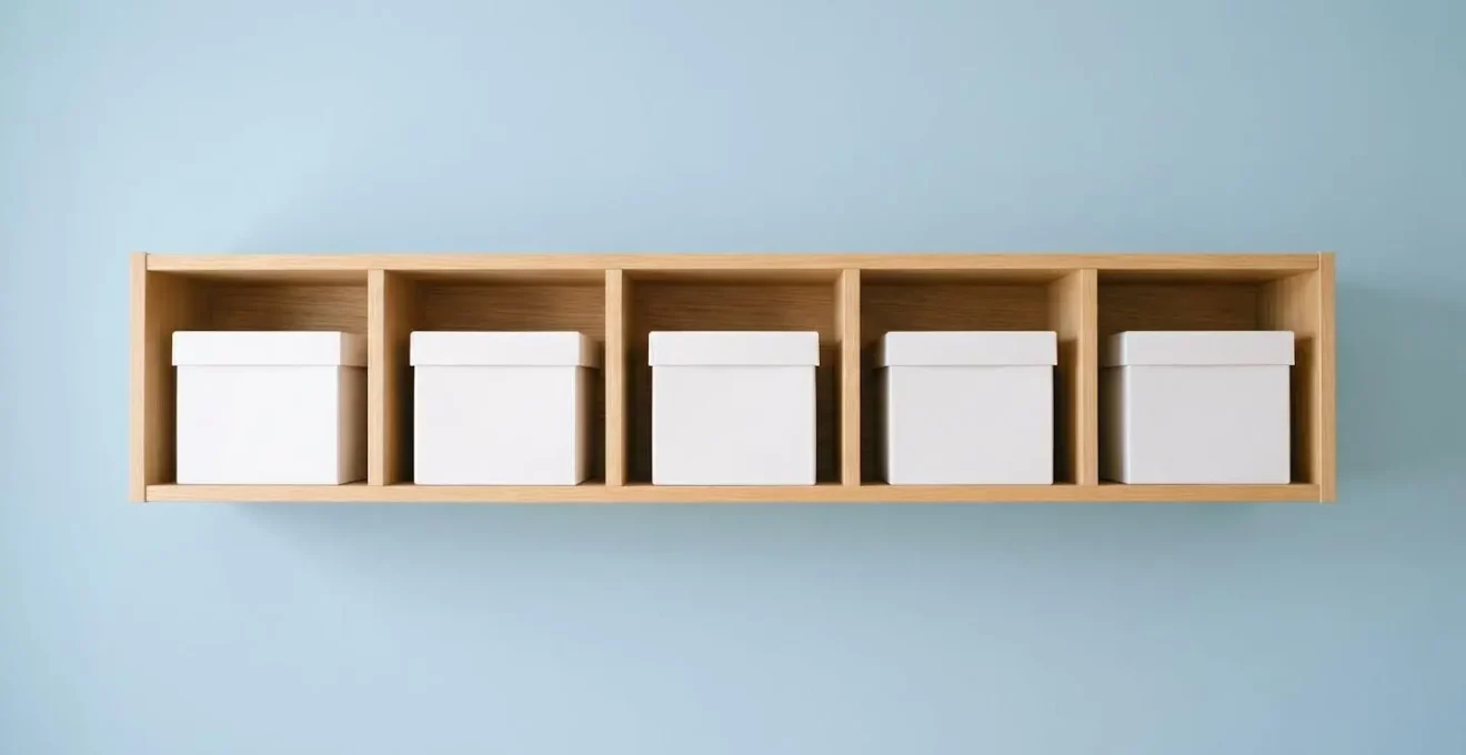Vue frontale symétrique d'une étagère en bois clair contenant cinq boîtes blanches alignées dans des compartiments réguliers, sur fond de mur bleu pastel